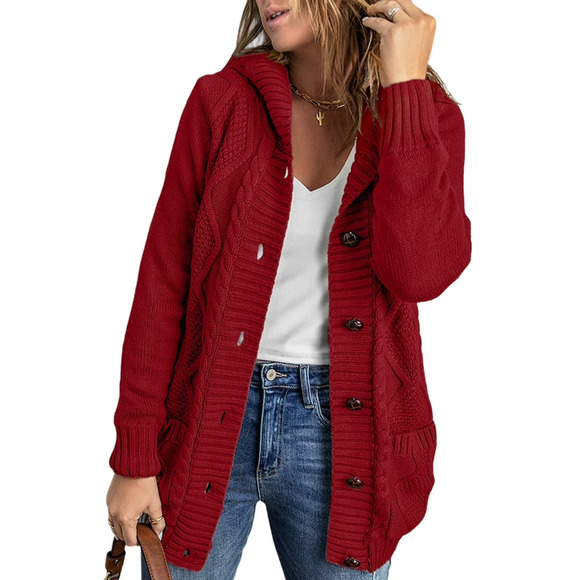 Eytino Womens Hooded Cardigan Sweater Coat Long Sleeve with Pockets Red Size M - Picture 1 of 7
